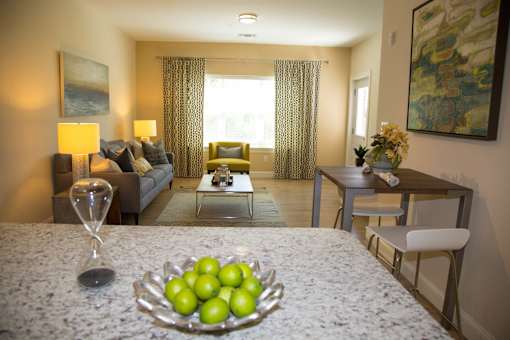 A bowl of green apples sits on a table in a well-lit room at Axis at Lakeshore Apartments, Bridgewater, MA 02324