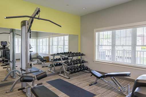 A gym with a variety of equipment including weights and a bench at Axis at Lakeshore Apartments, Massachusetts