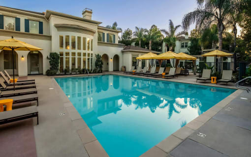 Resort Style Pool with Al-Fresco Dining and Fireplace at Amerige Pointe Apartments, Fullerton, California