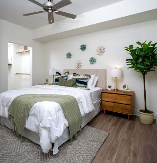 A bedroom with a bed, nightstand, and a plant.