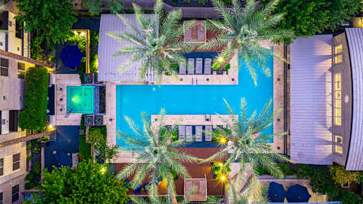 A pool surrounded by palm trees at night.