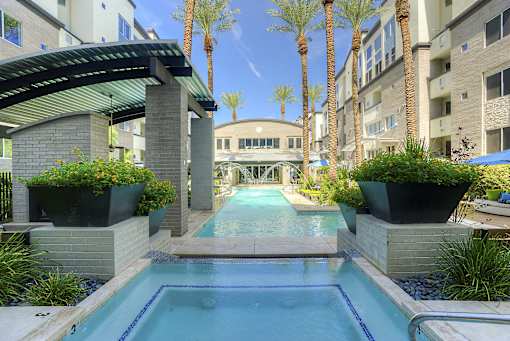 A pool surrounded by plants and palm trees.