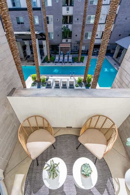 A view from above of a table with two green plants on it.