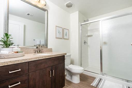 A bathroom with a toilet, sink, and mirror.