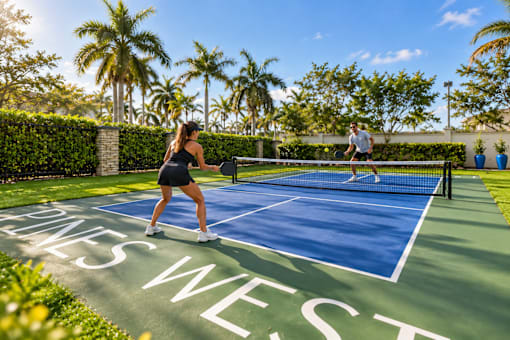 A woman is playing tennis on a court with the words "South West" painted on it.