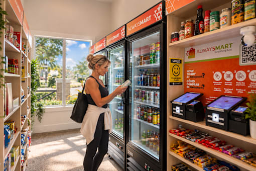 A woman is buying a drink from a vending machine in a store.