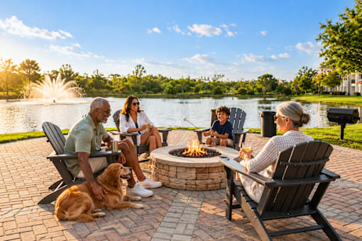 A group of people are sitting around a fire pit with a dog lying in front of them.