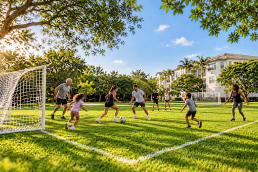 A group of people playing soccer on a field.