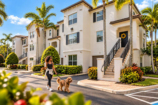 A woman walking her dog in front of a row of townhouses.