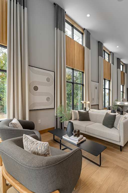 a living room with two couches and a coffee table