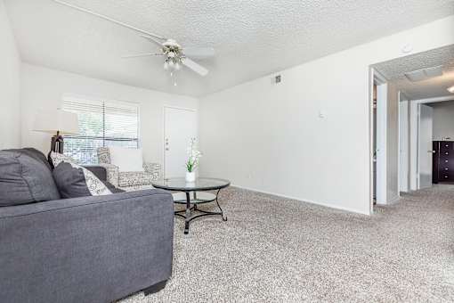 A living room with a grey couch, a small table, and a ceiling fan.