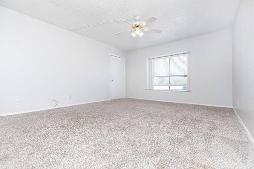 A room with a carpeted floor and a ceiling fan.