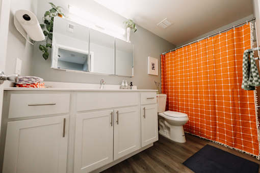 a bathroom with a orange shower curtain and a white sink and toilet