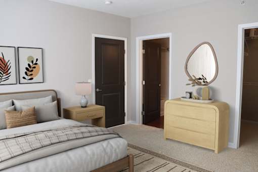 a bedroom with a bed and a dresser with a mirror