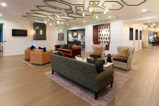 A living room with a grey couch and a wooden floor.