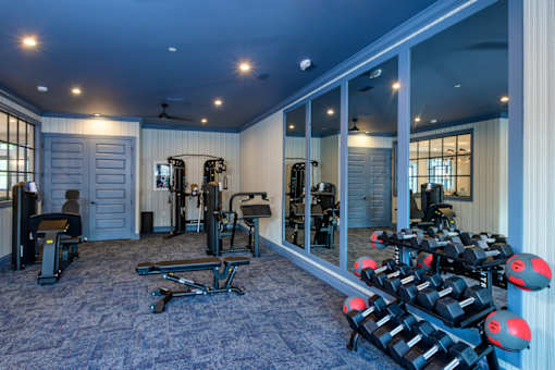 A gym with a variety of equipment including weights and a bench.