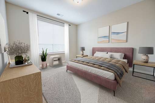 A bedroom with a large bed and a wooden nightstand at Essex, Columbus, OH