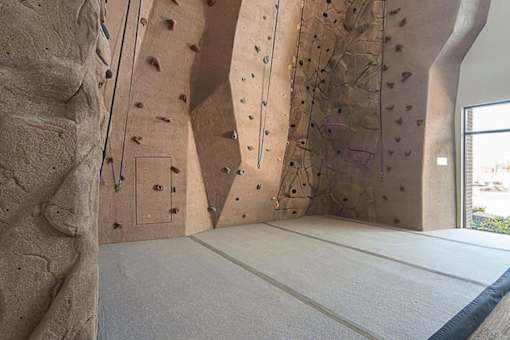 A climbing wall in a gym with a window on the side.