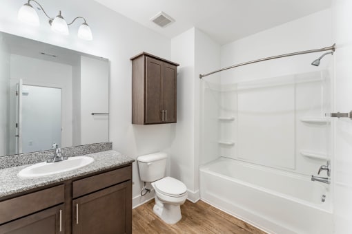 a bathroom with a shower toilet and sink and a mirror