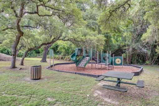 a park with a playground and a picnic table