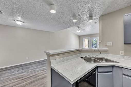 A kitchen with a sink and a window.