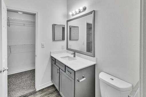 A bathroom with a sink, mirror, and toilet.