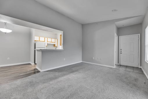 the living room and kitchen of a new home with gray walls and carpet at Waters at Elm Creek, San Antonio, TX 78230