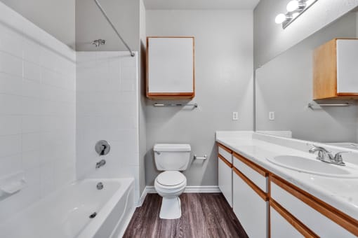 a bathroom with a toilet and a tub and a sink at Waters at Elm Creek, San Antonio, TX 78230