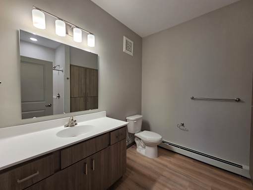 A bathroom with a white sink, toilet, and wooden floors.