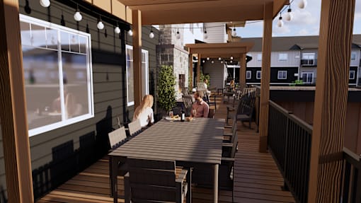 A patio with a table and chairs is shown with a blurred background.