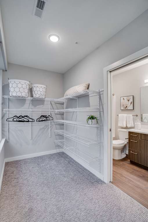 A white closet with a toilet in the bathroom.