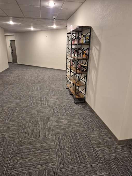 A hallway with a carpeted floor and a bookshelf on the right side.