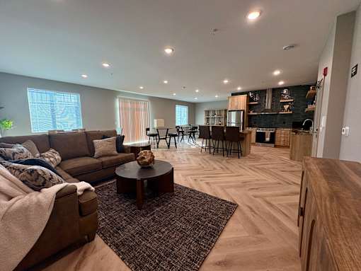 A modern living room with a brown rug and wooden flooring.