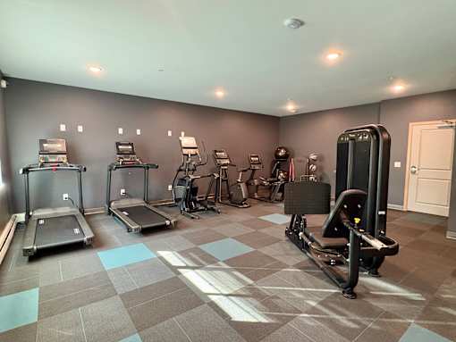 A gym with treadmills, exercise bikes, and other equipment.