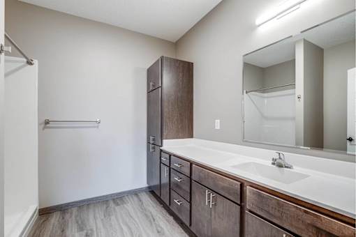 A bathroom with a sink, mirror, and wooden cabinets.