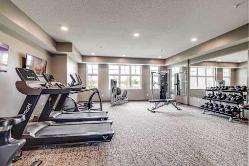 A spacious gym with treadmills, exercise bikes, and weights.