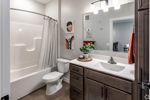 a bathroom with a toilet sink and shower and a mirror