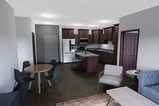 A kitchen with a table and chairs in the middle of the room.