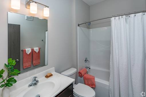 A bathroom with a white sink, toilet, and shower curtain.