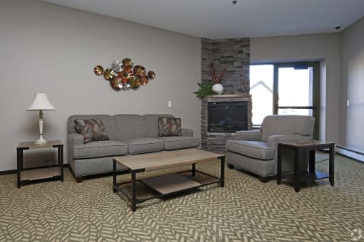 a living room with two couches and a fireplace
