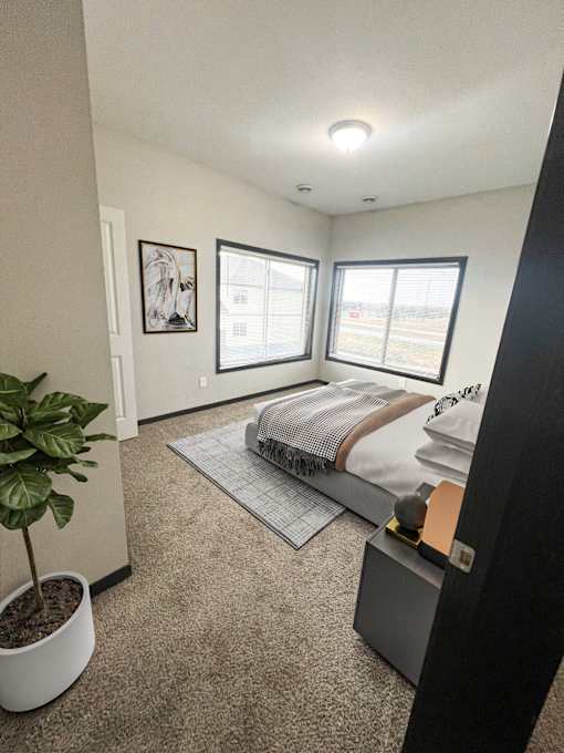 A bedroom with a bed, a plant, and two pictures on the wall.