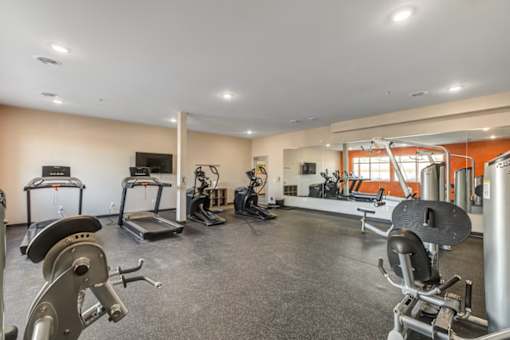 A spacious gym with a variety of equipment including treadmills, stationary bikes, and weight machines.
