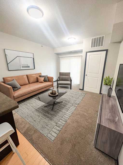 A living room with a brown couch and a grey rug.