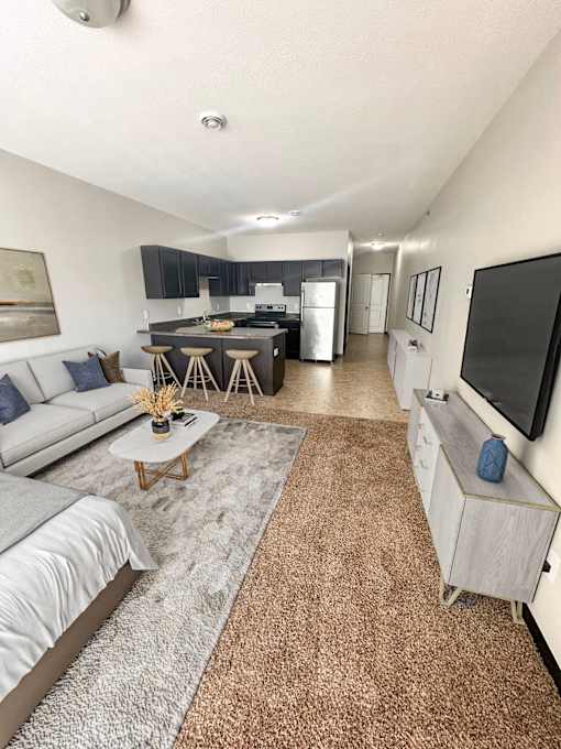 A living room with a grey couch and a brown rug.