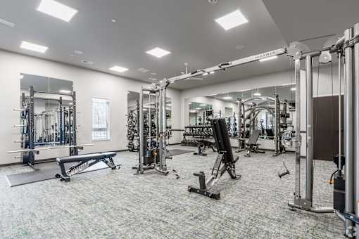 A gym with a variety of equipment including a squat rack at Bloom, Wisconsin
