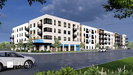 A rendering of a modern apartment complex at Bloom Monona LLC, Monona, Wisconsin, 53716 