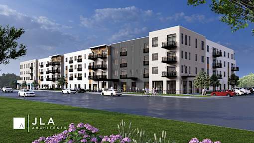 A rendering of a modern apartment complex at Bloom Monona LLC, Monona, WI