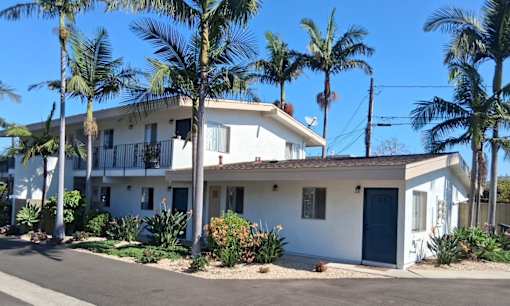 A white two-story house with a blue door and windows surrounded by palm trees.