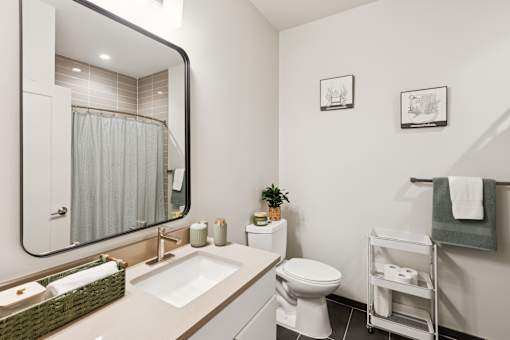 A bathroom with a white toilet, sink, and a mirror.