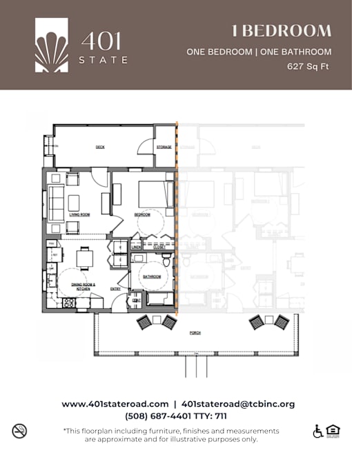 A floor plan for a 1 bedroom apartment sized at 627 square feet.